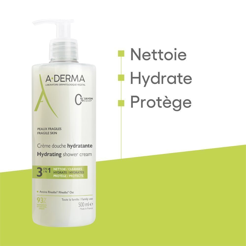 Flacon A-DERMA Crème douche hydratante avec zones de texte vertes. Nettoie, hydrate, protège.