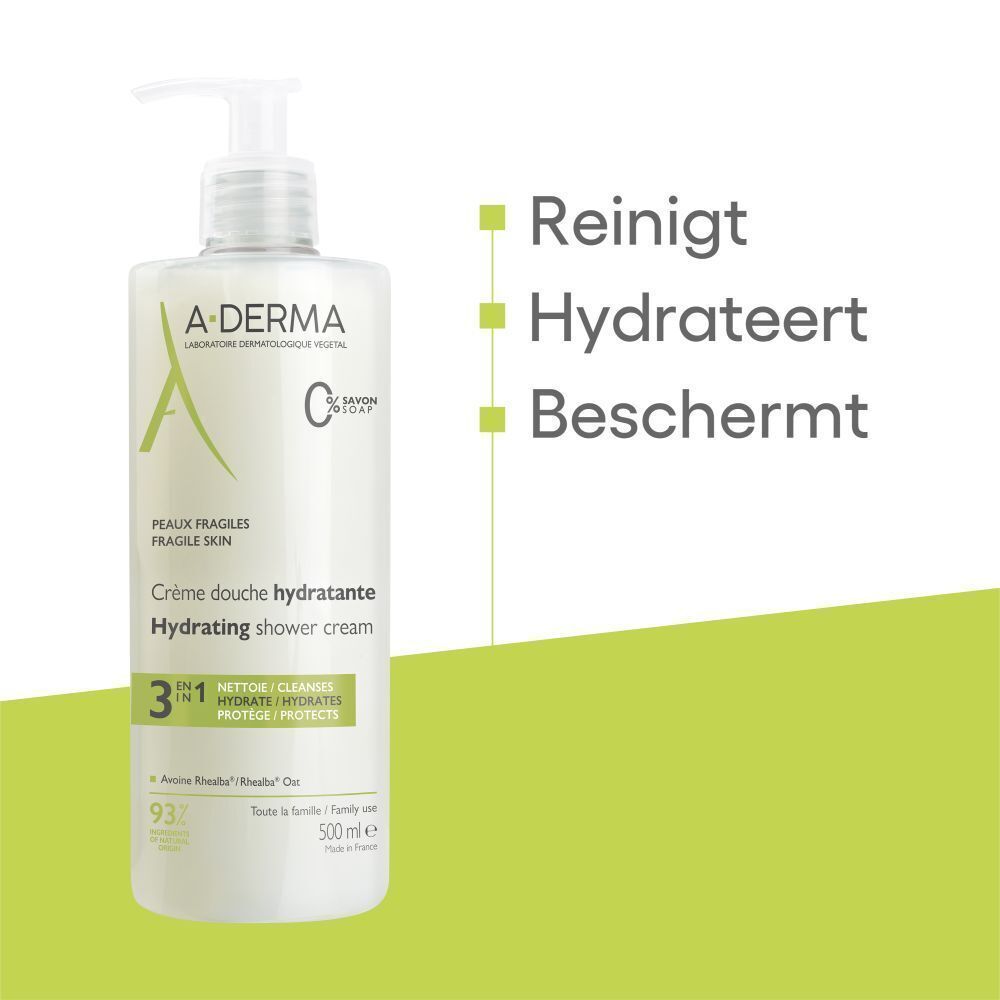 A-DERMA Crème douche hydratante fles met groene tekstvakken. Reinigt, hydrateert, beschermt.
