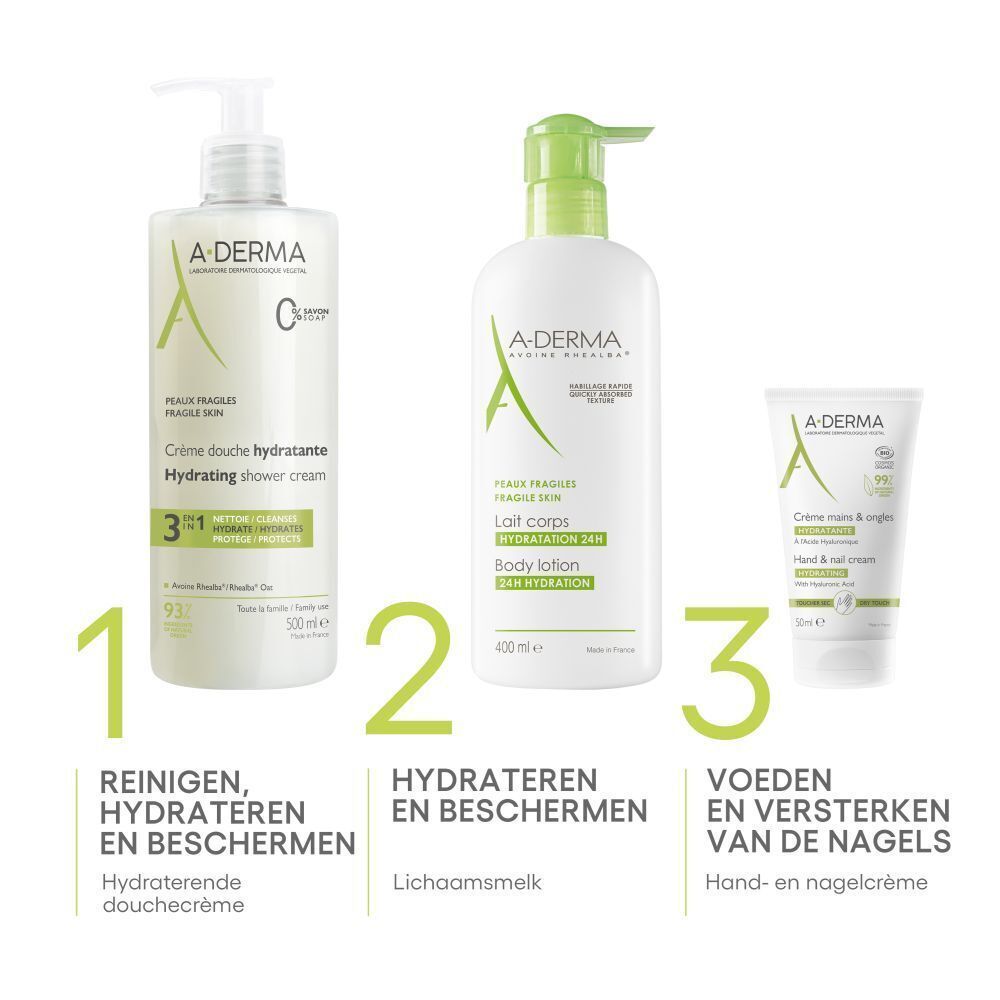 Drie A-DERMA producten: Crème douche hydratante, bodylotion, hand- en nagelcrème. Tekst en nummers.