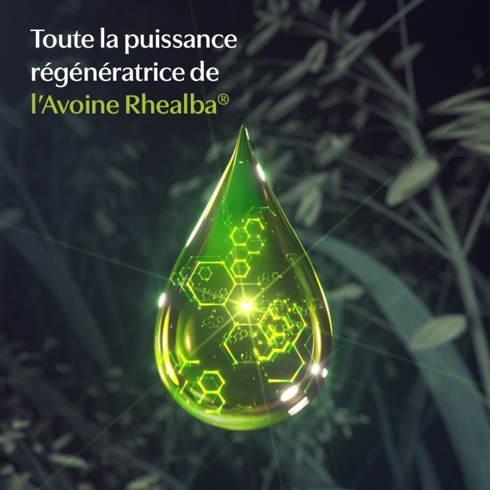Goutte verte avec lueur jaune et structure hexagonale. Texte: Toute la puissance régénératrice de l'Avoine Rhealba.