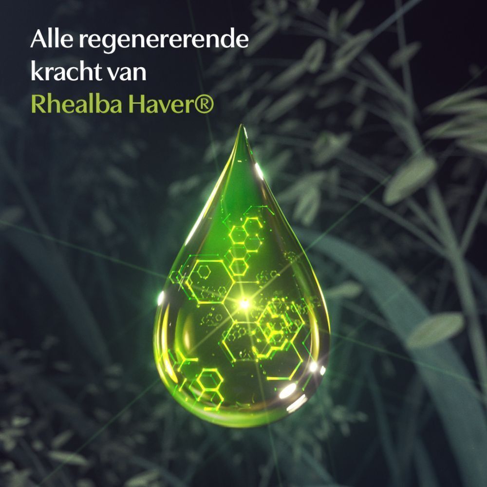 Groene druppel met gele gloed en hexagonale structuur. Tekst: Alle regenererende kracht van Rhealba Haver®.