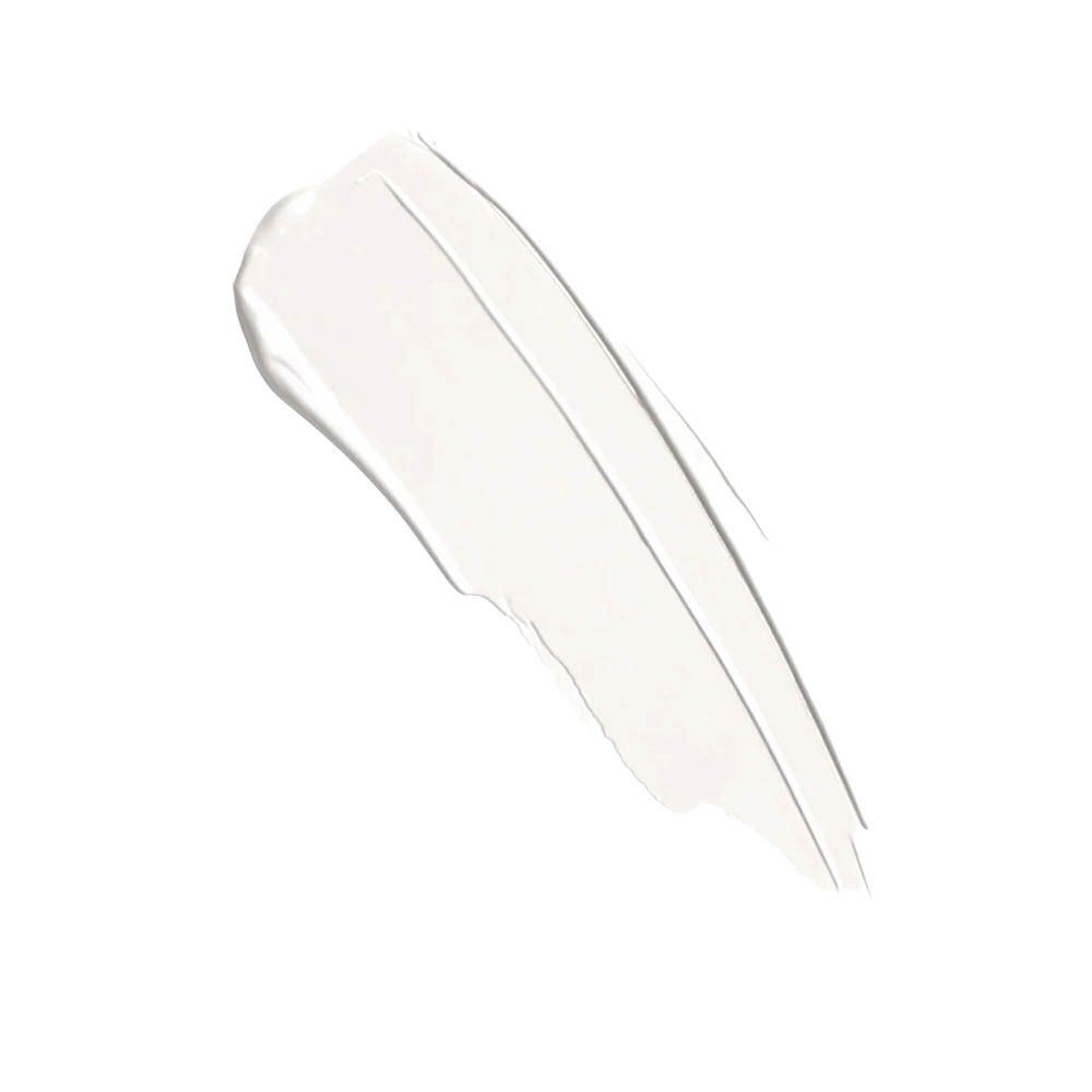 Une trace de baume à lèvres blanc sur fond blanc. La texture est crémeuse et brillante.