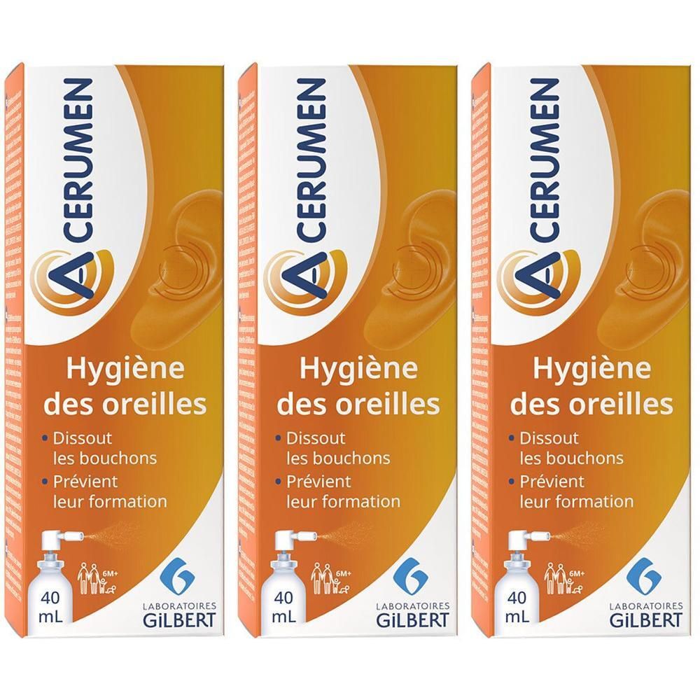 Trois boîtes A-Cerumen. Inscription: Hygiène des oreilles, 40 ml. Contient un flacon pulvérisateur. Marque: Laboratoires Gilbert.