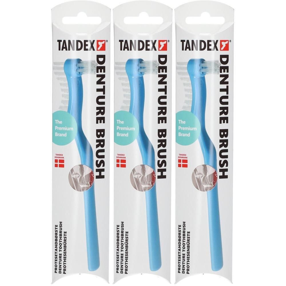 Trois brosses à dents pour prothèses en emballage. Manches bleues, poils blancs. Inscription : Tandex, Denture Brush.