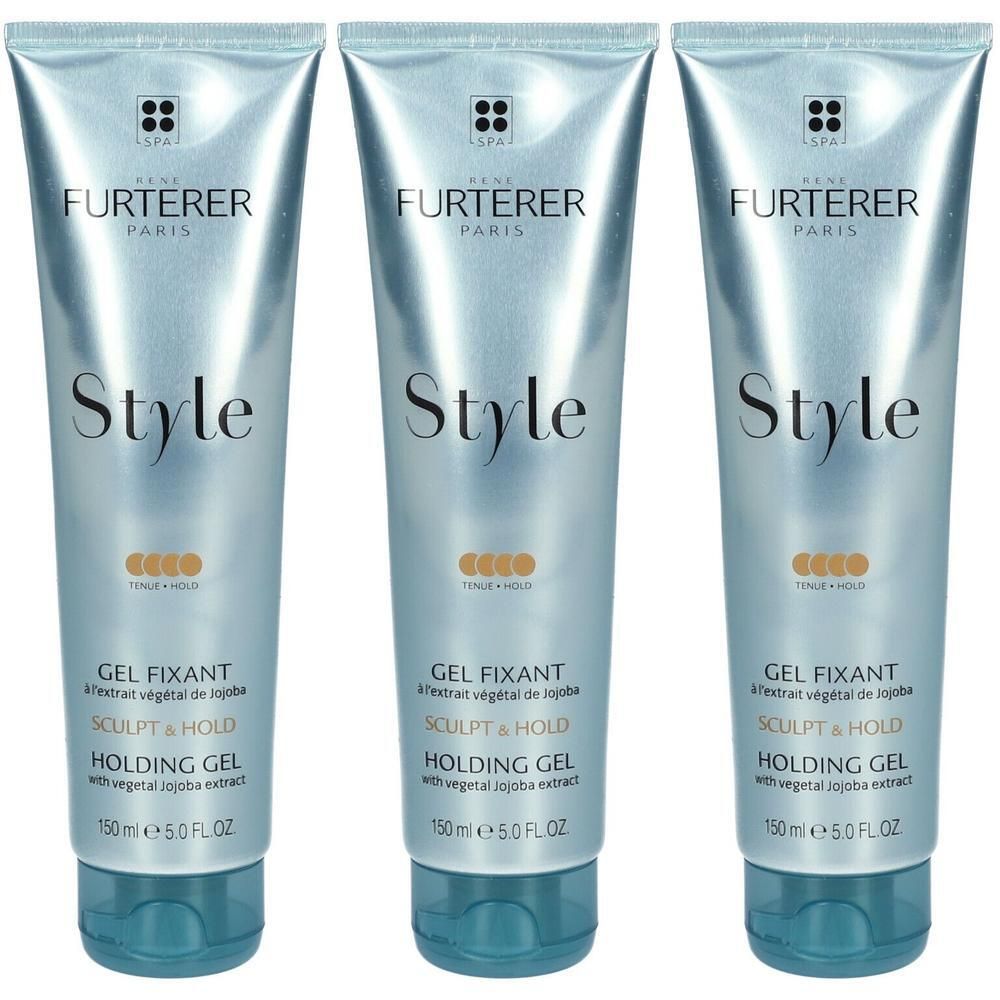 Drie tubes haargel. Zilverkleurige tubes met blauwe tekst. Opschrift: Style, Gel Fixant, Sculpt & Hold, Holding Gel. 150 ml.