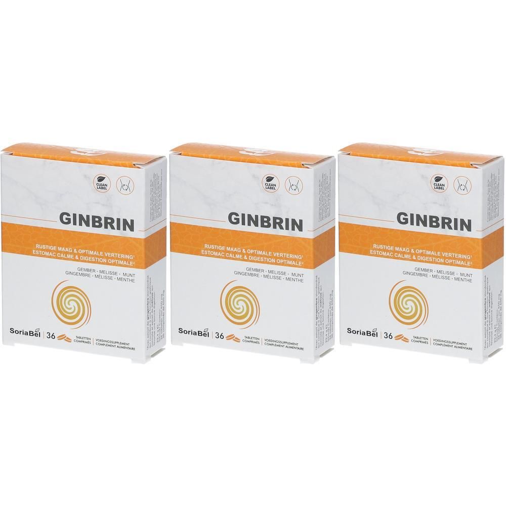 Trois boîtes rectangulaires avec l'inscription "GINBRIN". Emballage orange et blanc avec logo et texte. 36 comprimés.