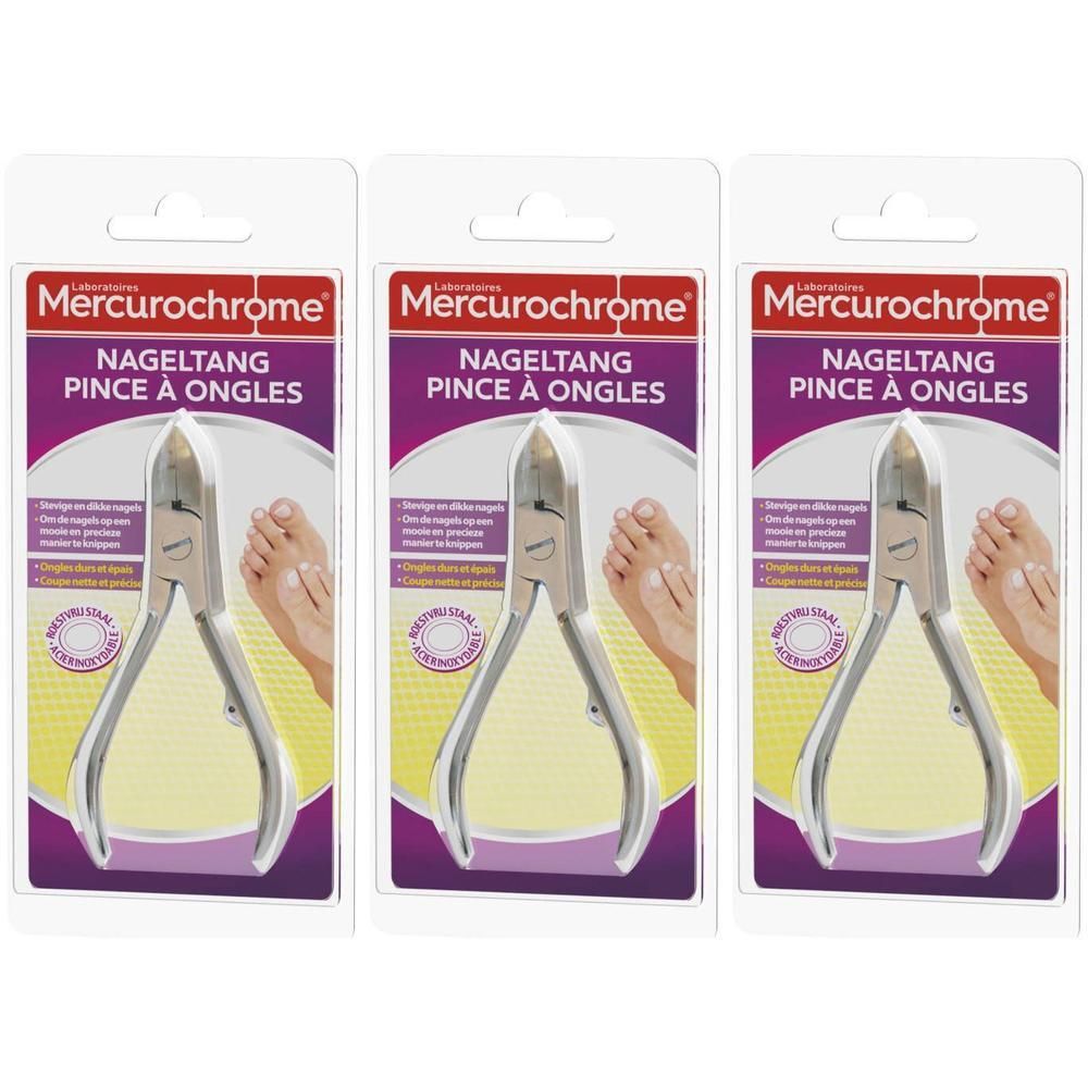 Drie nagelknippers in blisterverpakking. Merk Mercurochrome. Opschrift: NAGELTANG, PINCE À ONGLES.