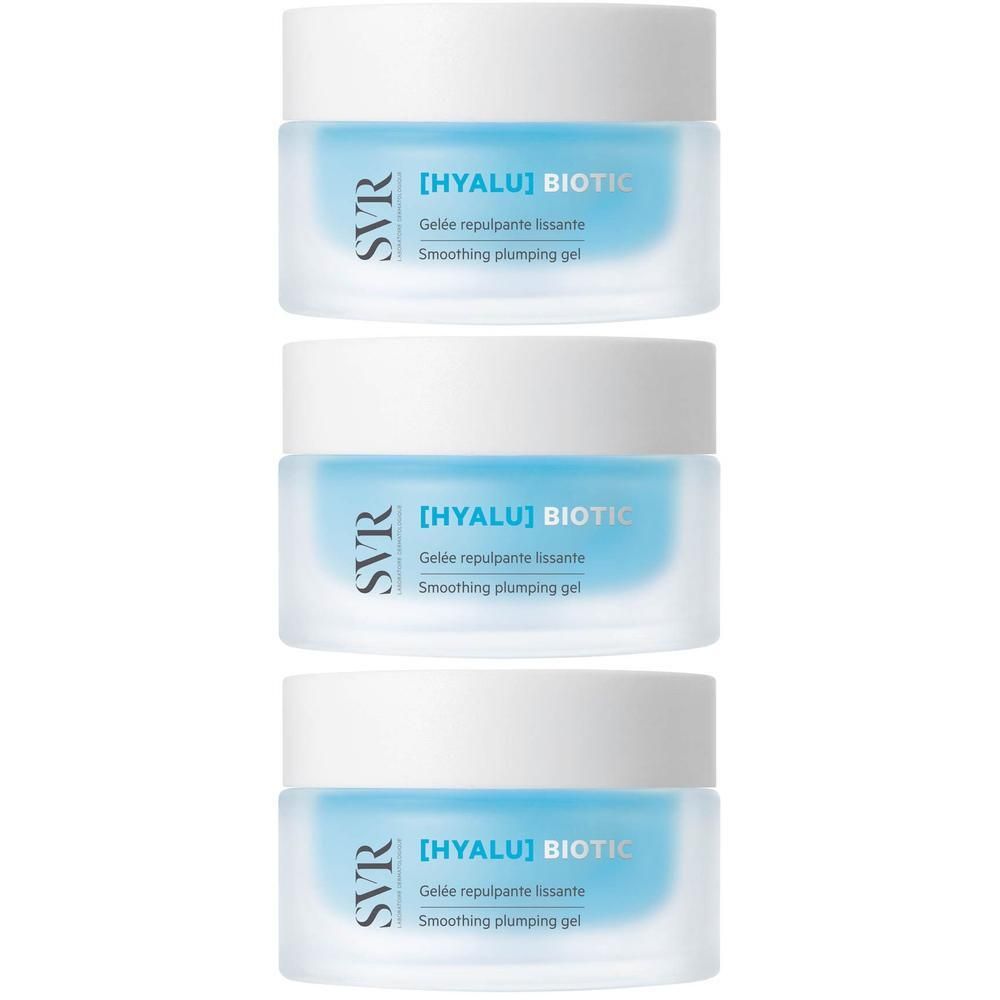 Trois pots de gelée SVR [HYALU] Biotic. Gelée bleue dans des pots transparents avec couvercles blancs. Texte: Smoothing plumping gel.