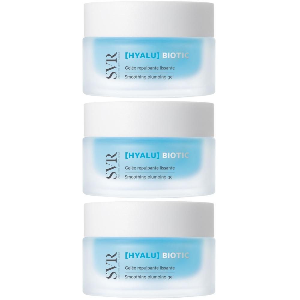 Drie potjes SVR [HYALU] Biotic gel. Blauwe gel in transparante potjes met witte deksels. Tekst: Smoothing plumping gel.