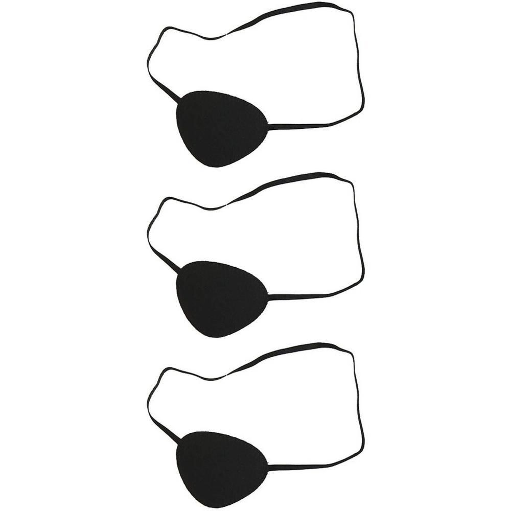 Trois cache-œil noirs avec des bandes élastiques. Forme ovale, avec une bande pour la fixation sur la tête.
