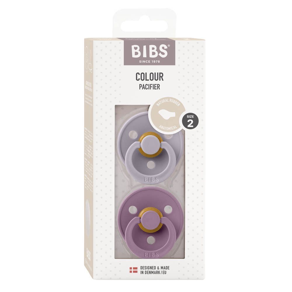 Verpakking met twee fopspenen. BIBS-logo, productnaam, maat 2. Gemaakt in Denemarken.