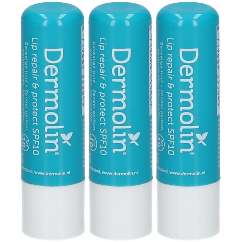 Trois sticks à lèvres bleus. Inscription: Dermolin Lip repair & protect SPF10. Sans parfum. Pour peaux sensibles.