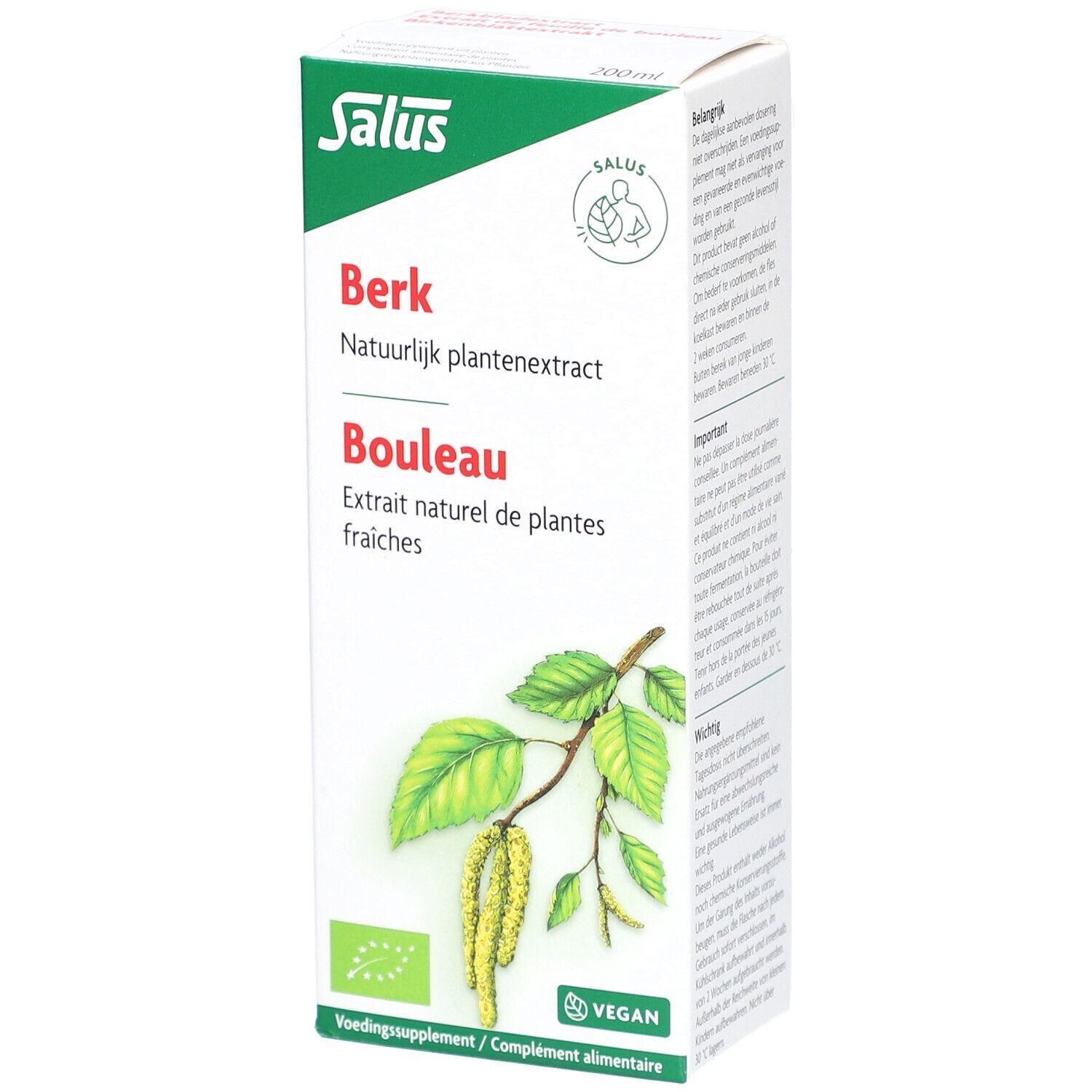 Kartonnen verpakking met Salus-logo. Opschrift: Berk Bouleau, plantenextract. Illustratie van een berken tak. Vegan-keurmerk.