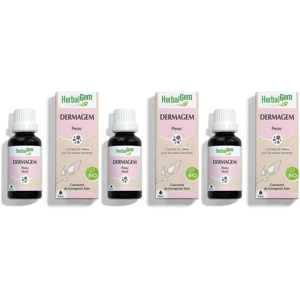 Vijf flessen en verpakkingen. Opschrift: DERMAGEM, Peau, BIO. Merk: HerbalGem. Concentraat voor gevoelige huid.