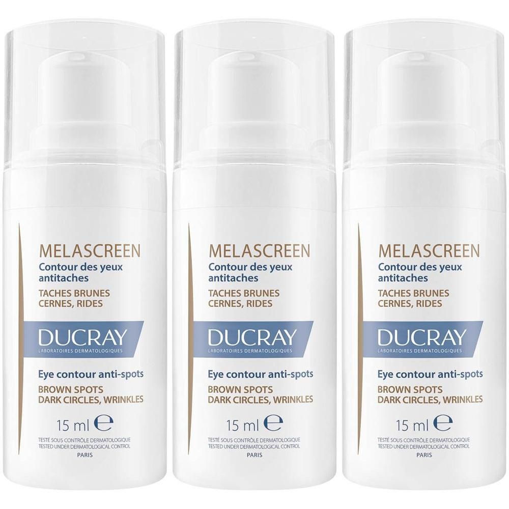 Drie witte flacons Ducray Melascreen Contour yeux anti-tâches. Opschrift: Taches brunes, cernes, rides.