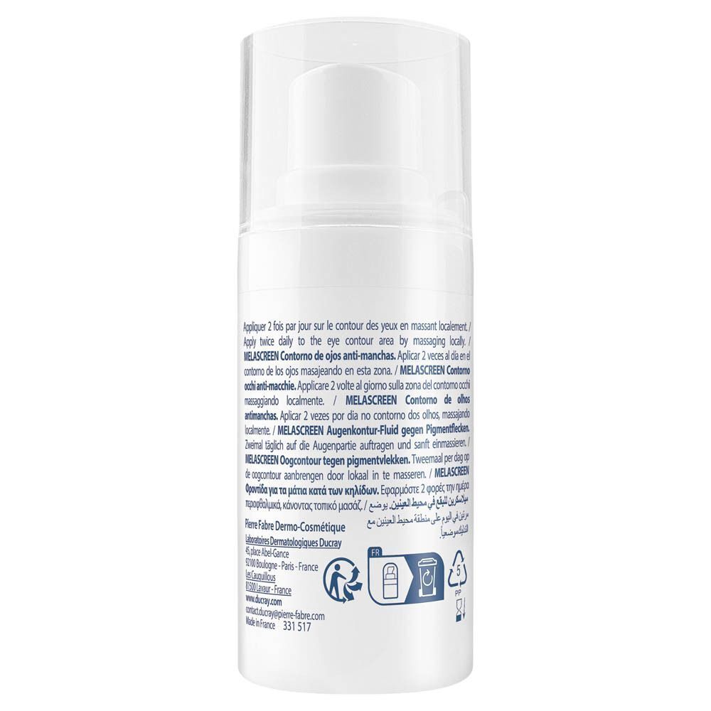 Dos d'un flacon blanc Ducray Melascreen. Texte: instructions d'utilisation, ingrédients, informations fabricant.