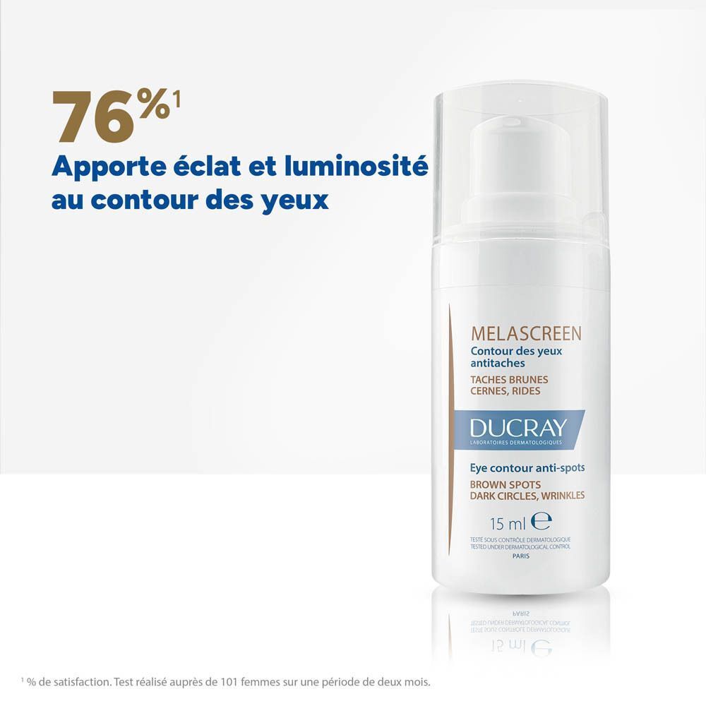 Flacon blanc Ducray Melascreen. Texte: 76% apportent éclat. Inscription: Taches brunes, cernes, rides.