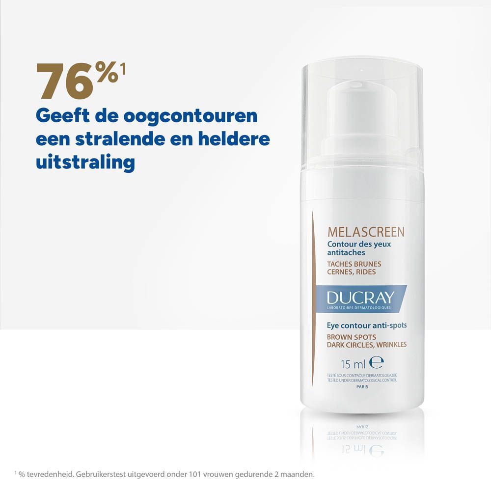 Witte flacon Ducray Melascreen. Tekst: 76% geeft uitstraling. Opschrift: Taches brunes, cernes, rides.