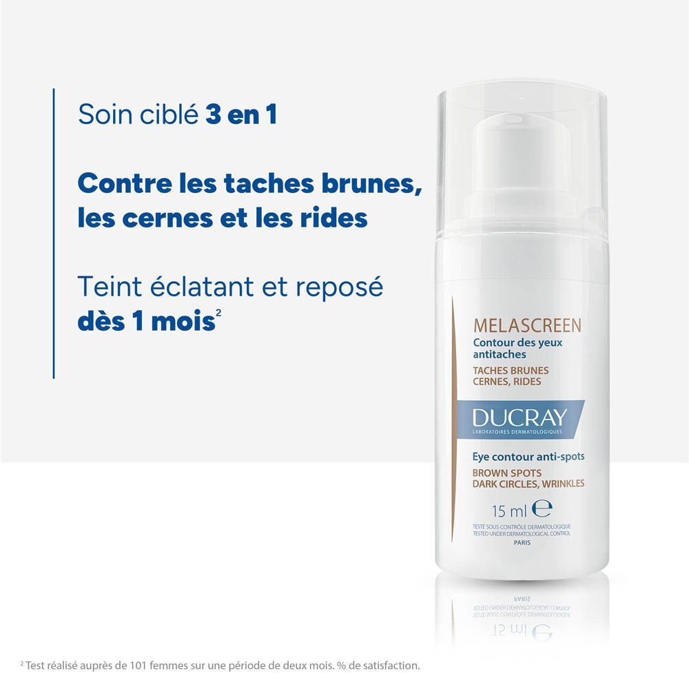Flacon blanc Ducray Melascreen. Texte: Soin ciblé 3 en 1. Inscription: Taches brunes, cernes, rides.