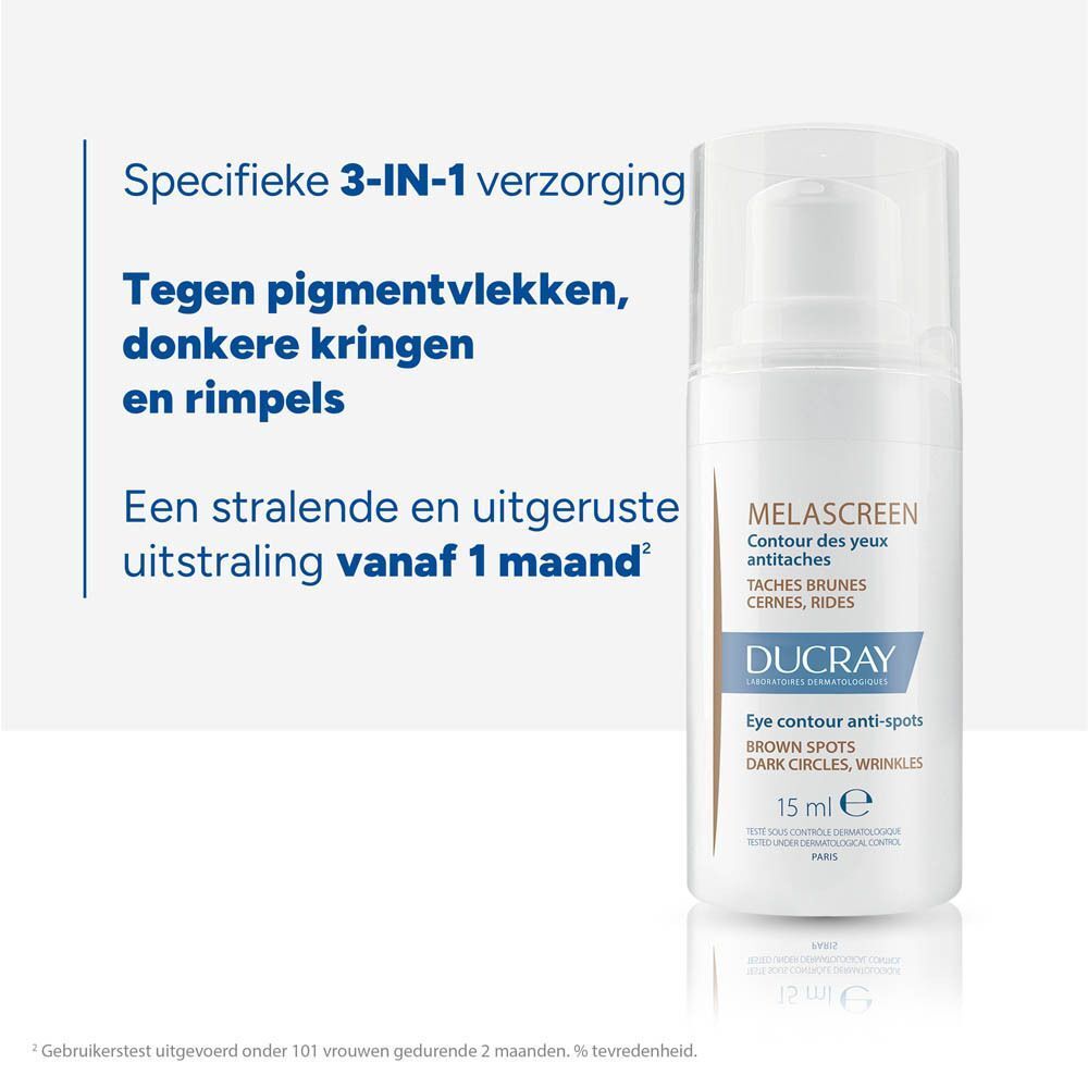Witte flacon Ducray Melascreen. Tekst: Specifieke 3-in-1 verzorging. Opschrift: Taches brunes, cernes, rides.