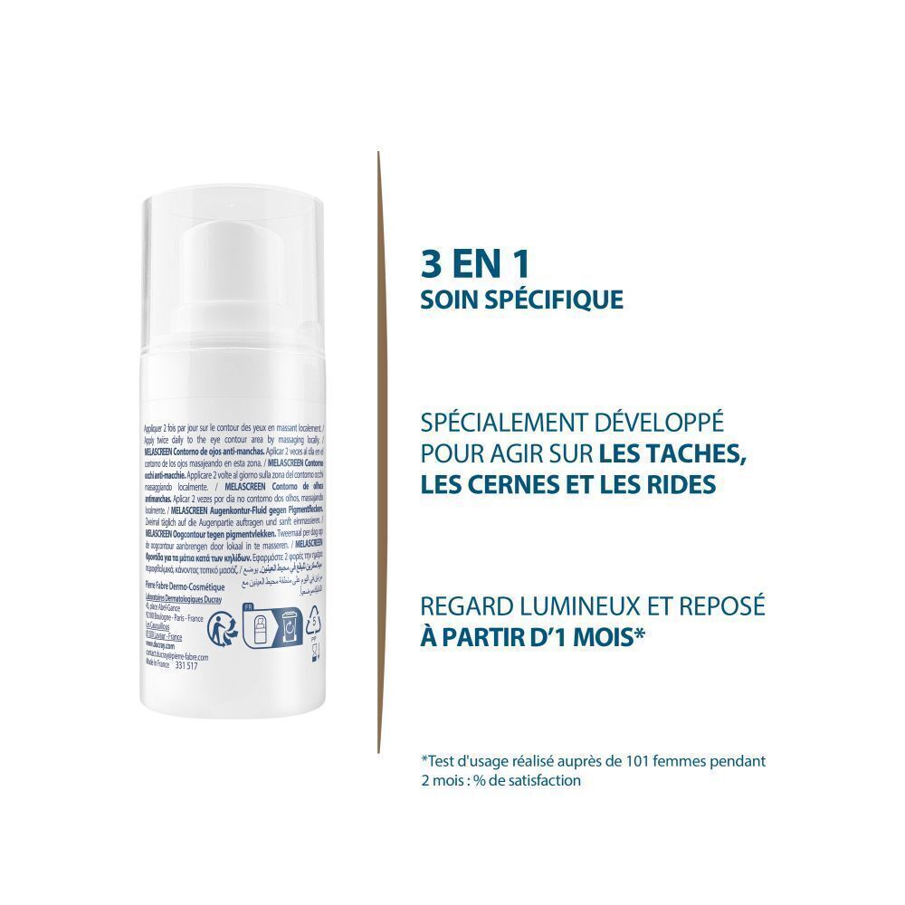 Dos d'un flacon blanc Ducray Melascreen. Texte: Soin 3 en 1, ingrédients, informations fabricant.
