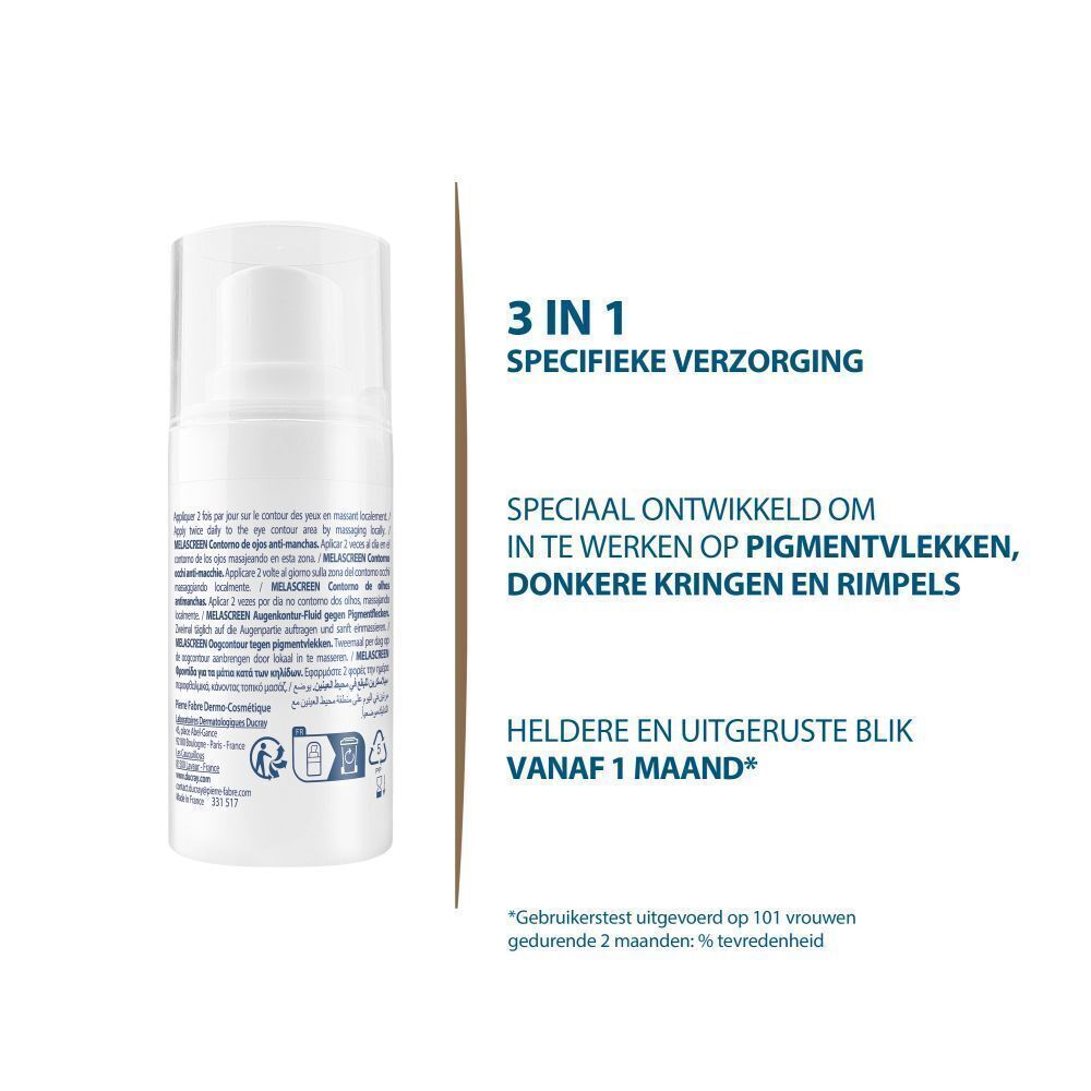 Achterkant witte flacon Ducray Melascreen. Tekst: 3-in-1 verzorging, ingrediënten, fabrikantinfo.