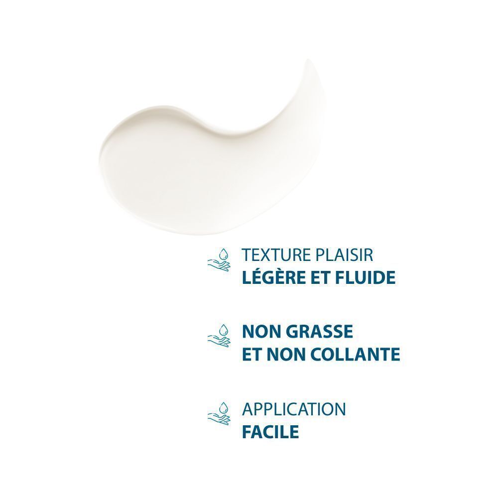 Éclaboussure de crème blanche. Texte: Texture agréable, non grasse, application facile.