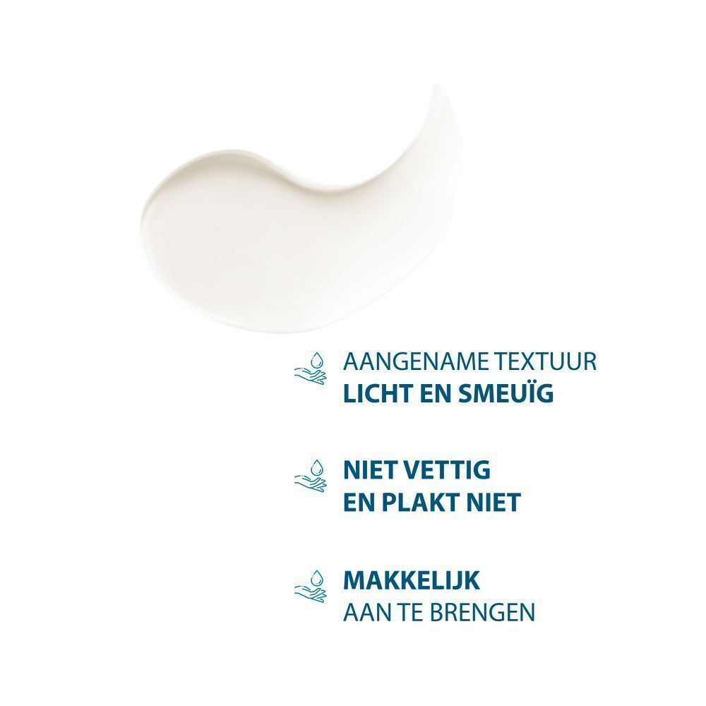 Witte crèmevlek. Tekst: Aangename textuur, niet vet, gemakkelijk aan te brengen.