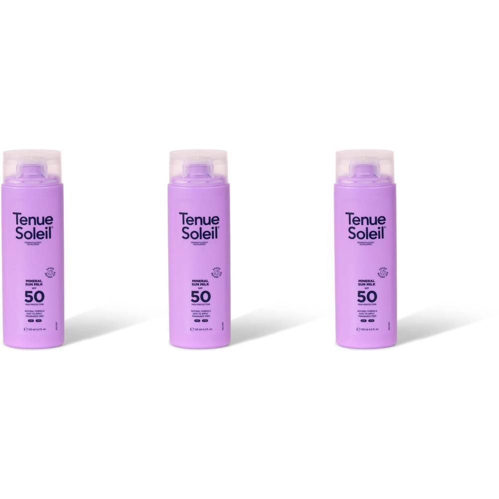 Drie flessen zonnebrandcrème. Paarse flessen met witte dop. Opschrift: Tenue Soleil, Mineral Sun Milk SPF50.