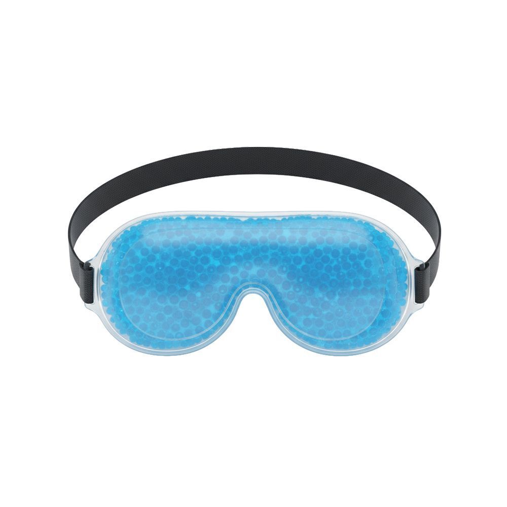 Masque oculaire bleu avec bande noire. Le masque est rempli de petites billes.