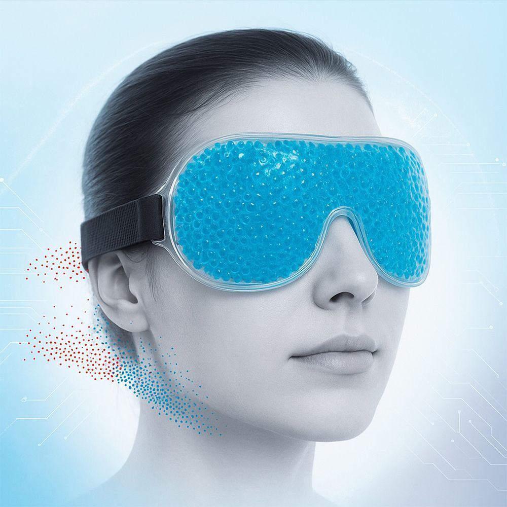 Portret van een vrouw met een blauw oogmasker en zwarte band. Blauwe stippen rond het gezicht en rode stippen links.