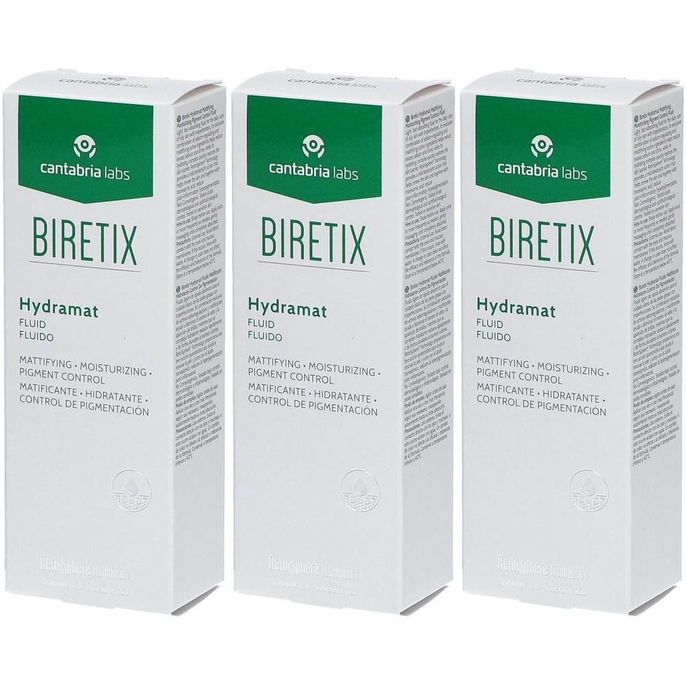 Drie witte dozen met groene tekst. Op elke doos staat "BIRETIX Hydramat Fluid". Het merk "cantabria labs" is ook zichtbaar.