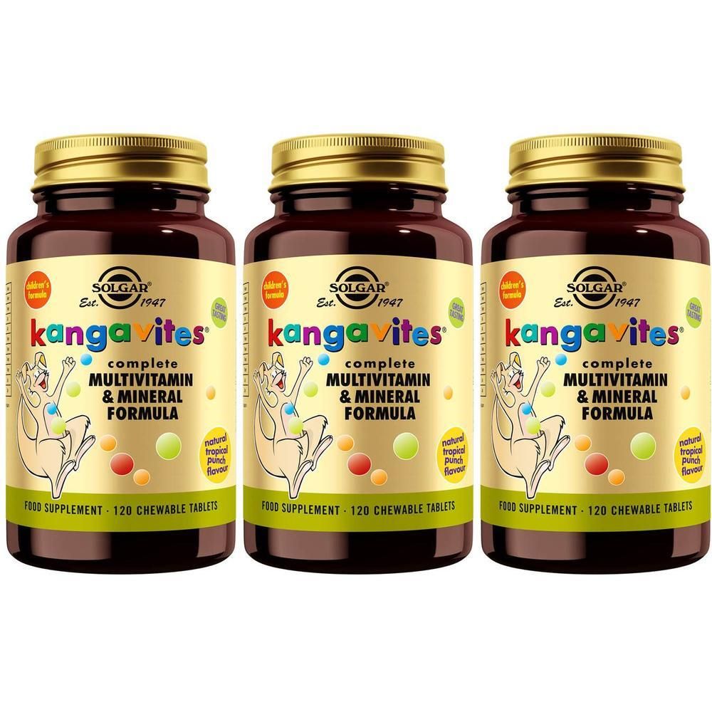 Drie bruine flessen met gouden doppen. Elke fles heeft de tekst "Kangavites" en "Multivitamin & Mineral Formula".