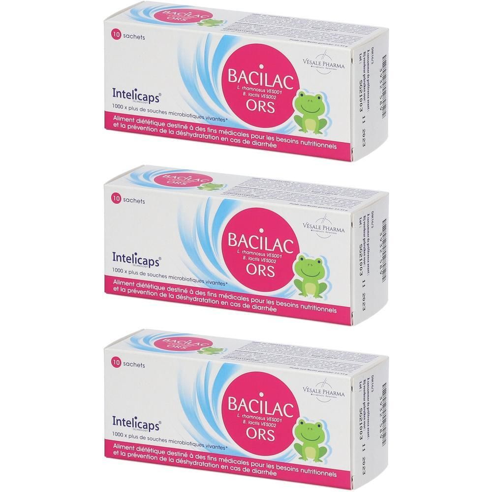 Drie dozen "BACILAC ORS Intelicaps". Elke doos heeft een roze cirkel en een kikkerillustratie.