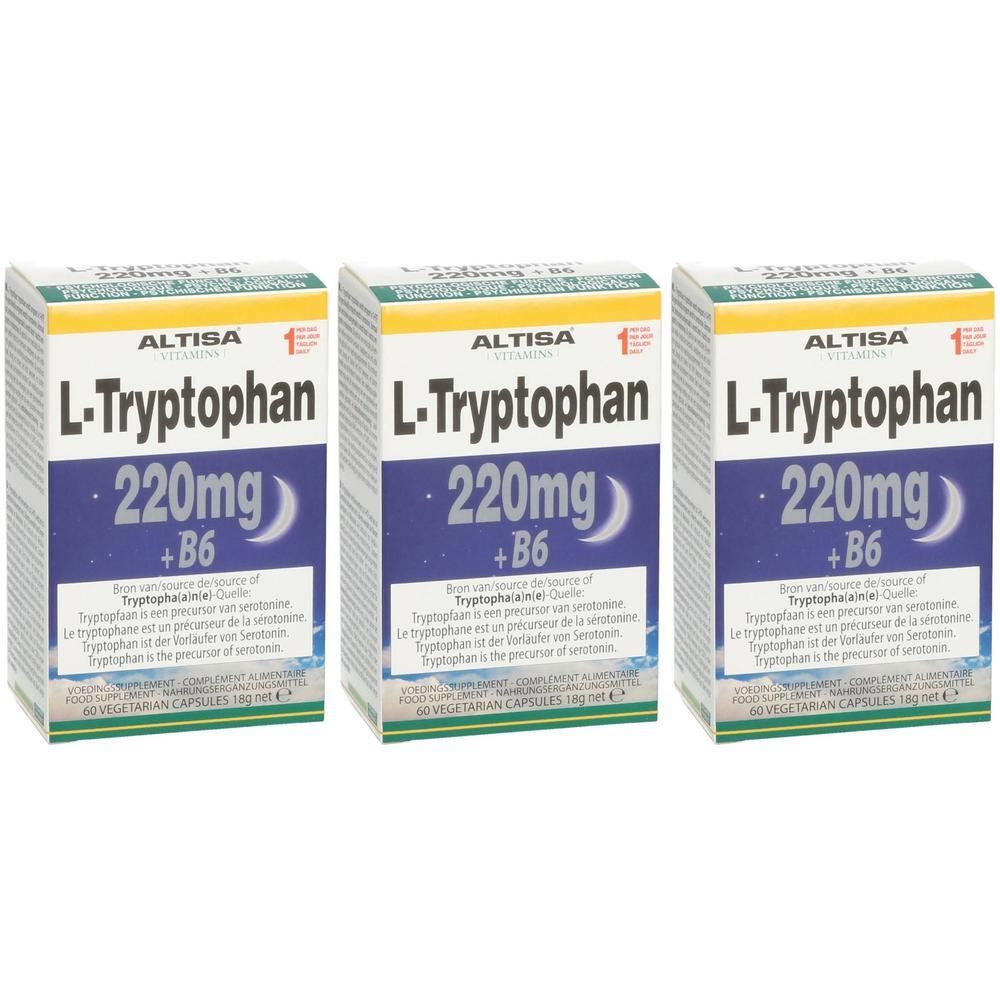 Trois boîtes d'Altisa L-Tryptophane + B6. Inscription : L-Tryptophane 220mg + B6. Emballage bleu avec symbole de lune. 60 gélules végétales.