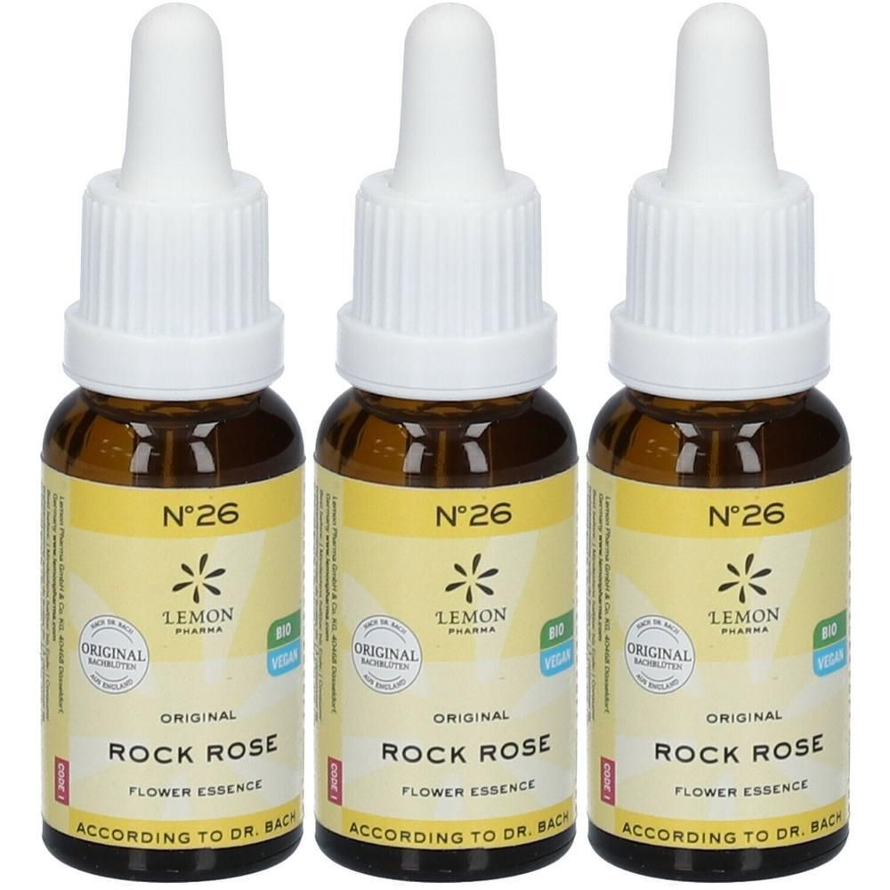Trois flacons avec compte-gouttes. Inscription : N°26, Rock Rose, Flower Essence. Marque : Lemon Pharma. Certification bio.