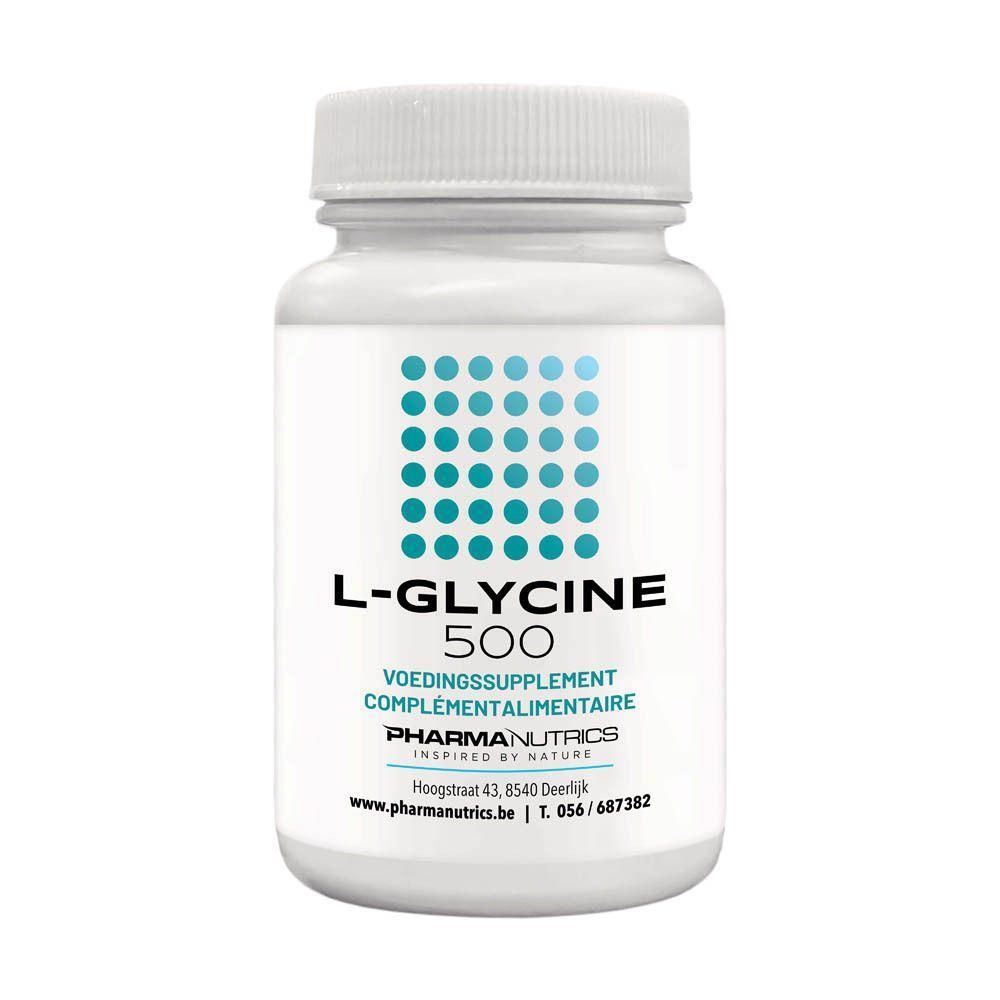 Witte fles met schroefdop. Opschrift: L-Glycine 500, voedingssupplement. Merk: Pharmanutrics.