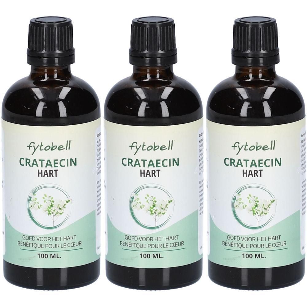 Drie bruine glazen flessen met zwarte doppen. Etiket: "fytobell CRATAECIN HART". Tekst: "GOED VOOR HET HART BENEFIQUE POUR LE COEUR". 100 ML.