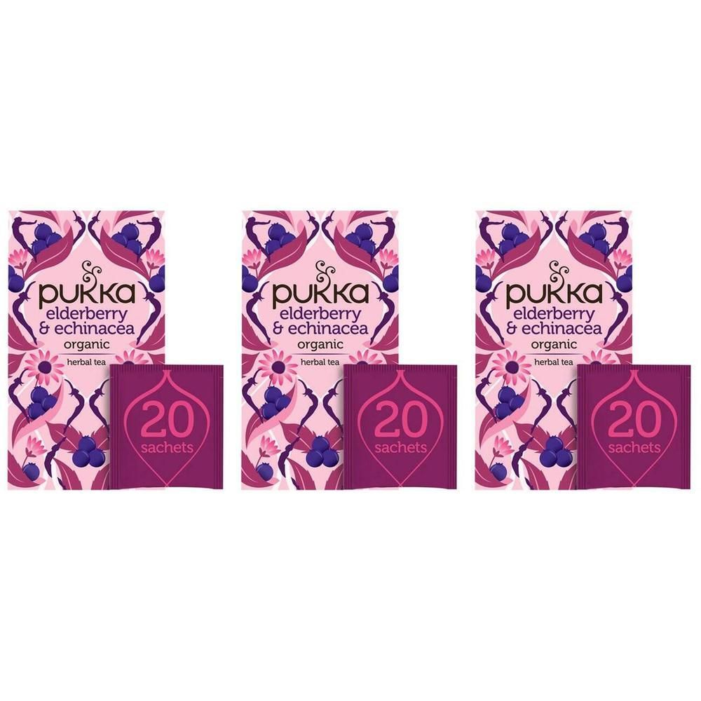 Trois boîtes de thé Pukka Elderberry & Echinacea. Chaque boîte contient 20 sachets. Inscription : "organic".