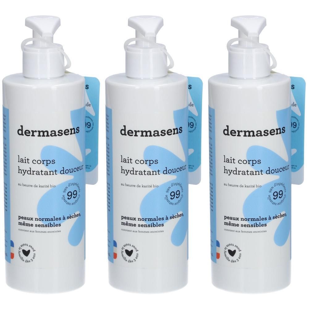 Trois flacons blancs avec pompe. Inscription: dermasens, lait corps hydratant douceur, 99. Pour peaux normales à sensibles.