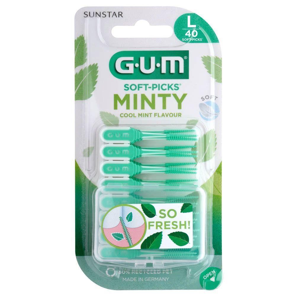 Paquet de GUM Soft-Picks Comfort Flex Cool Mint L. Contient 40 pièces. Pics vert et blanc, saveur menthe. Emballage avec inscription 'SO FRESH!'