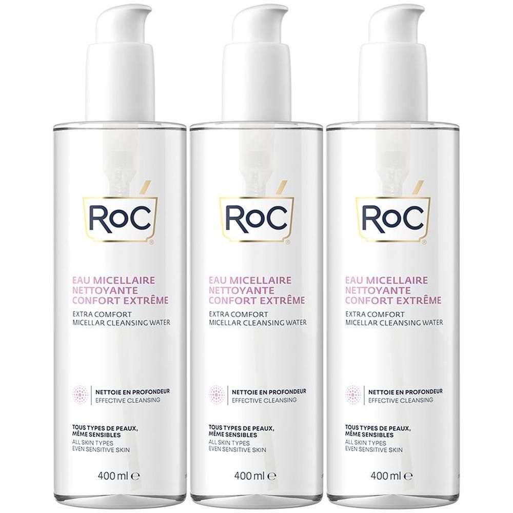 Drie flessen RoC Eau Micellaire Nettoyante Confort Extrême. Witte pompen, transparante flessen met etiket. Tekst: Extra Comfort, 400 ml.