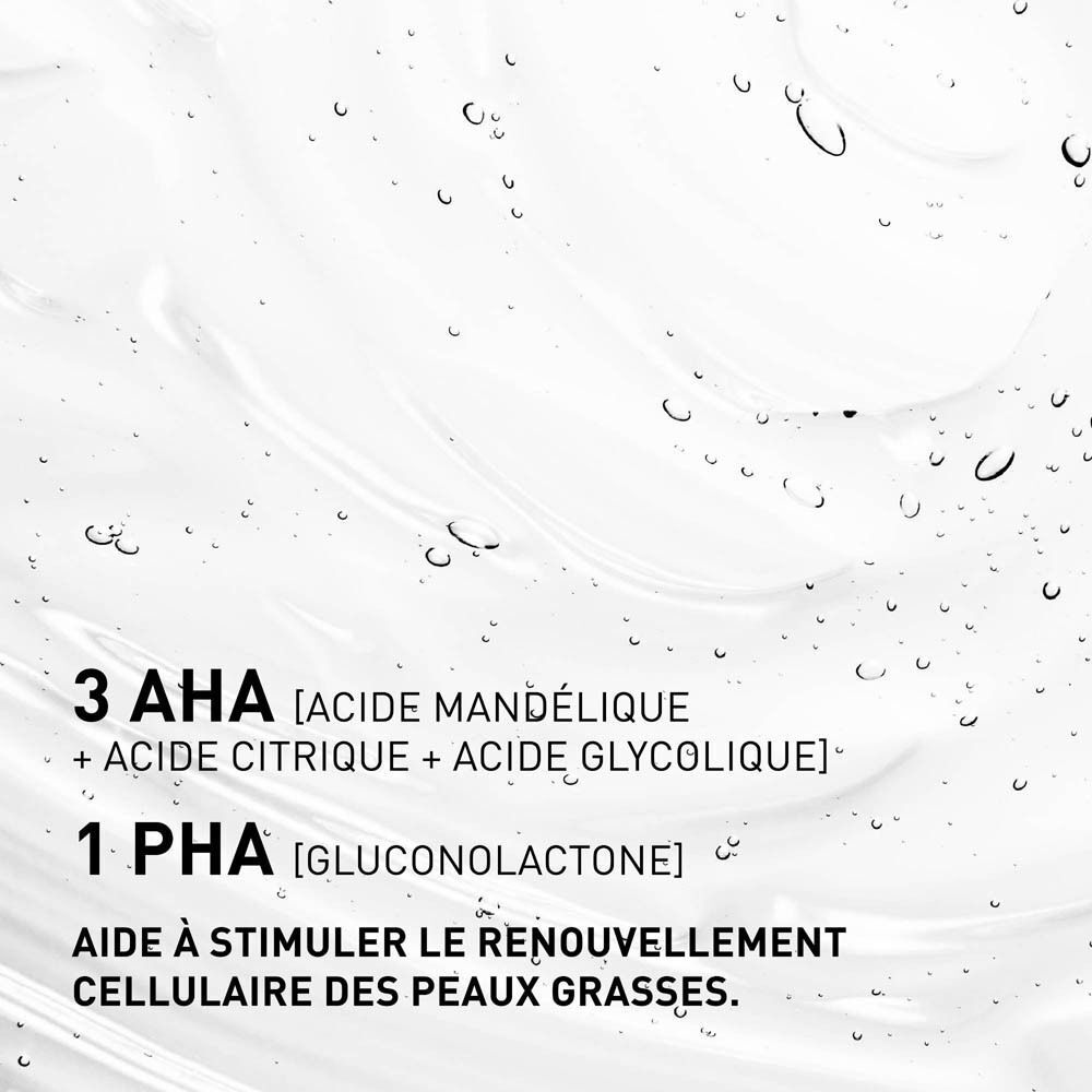 Gros plan sur du gel transparent. Texte: "3 AHA + 1 PHA".