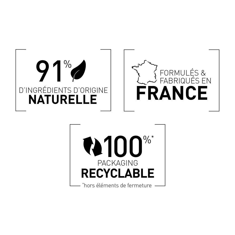 Trois logos: 91% ingrédients d'origine naturelle, Fabriqué en France, 100% emballage recyclable.