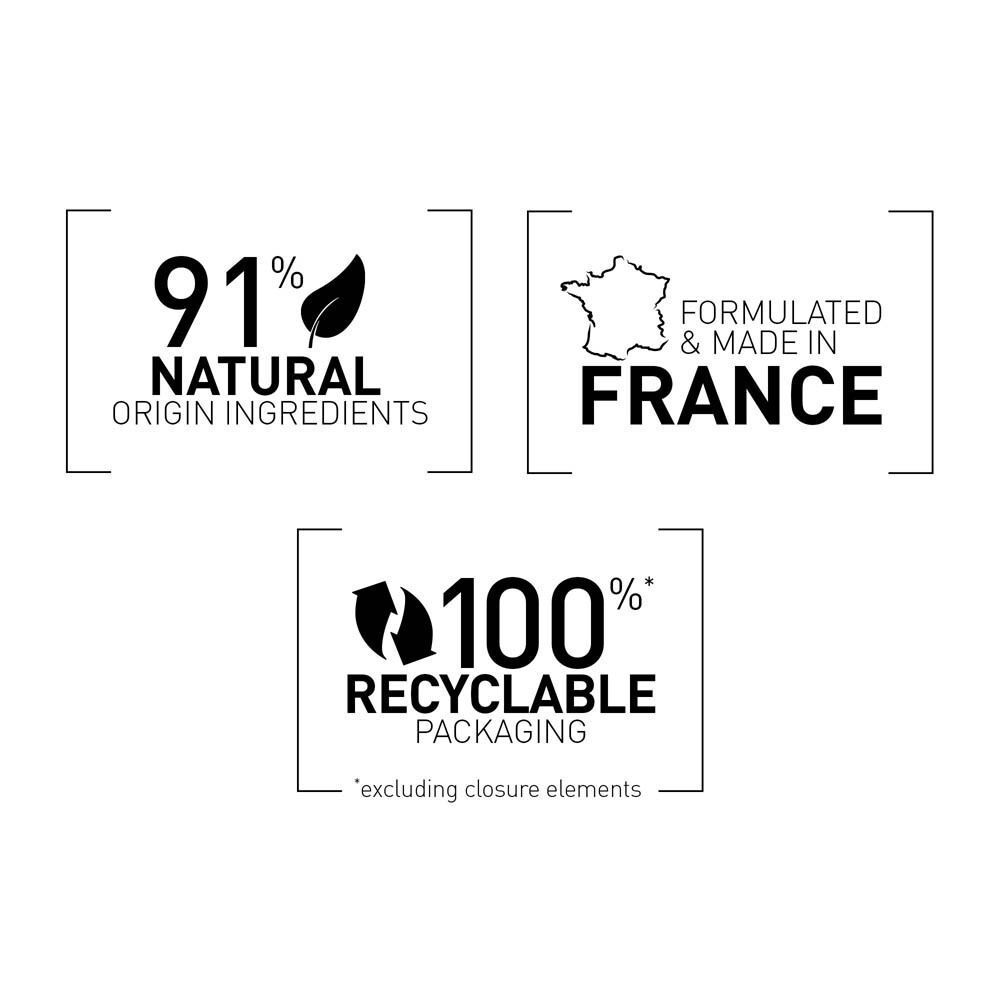Drie logo's: 91% ingrediënten van natuurlijke oorsprong, Gemaakt in Frankrijk, 100% recyclebare verpakking.