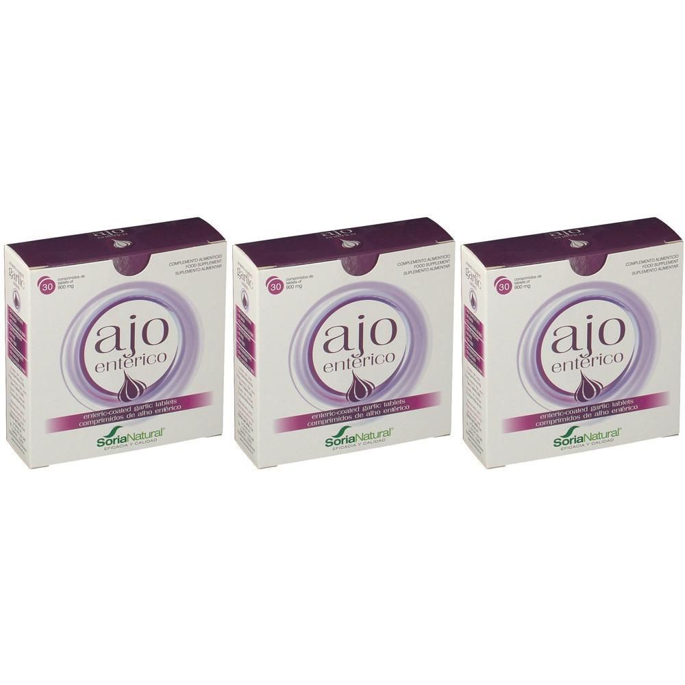 Trois boîtes de "ajo enterico". Logo "Soria Natural" et illustration d'ail. Emballage blanc, violet et bordeaux.