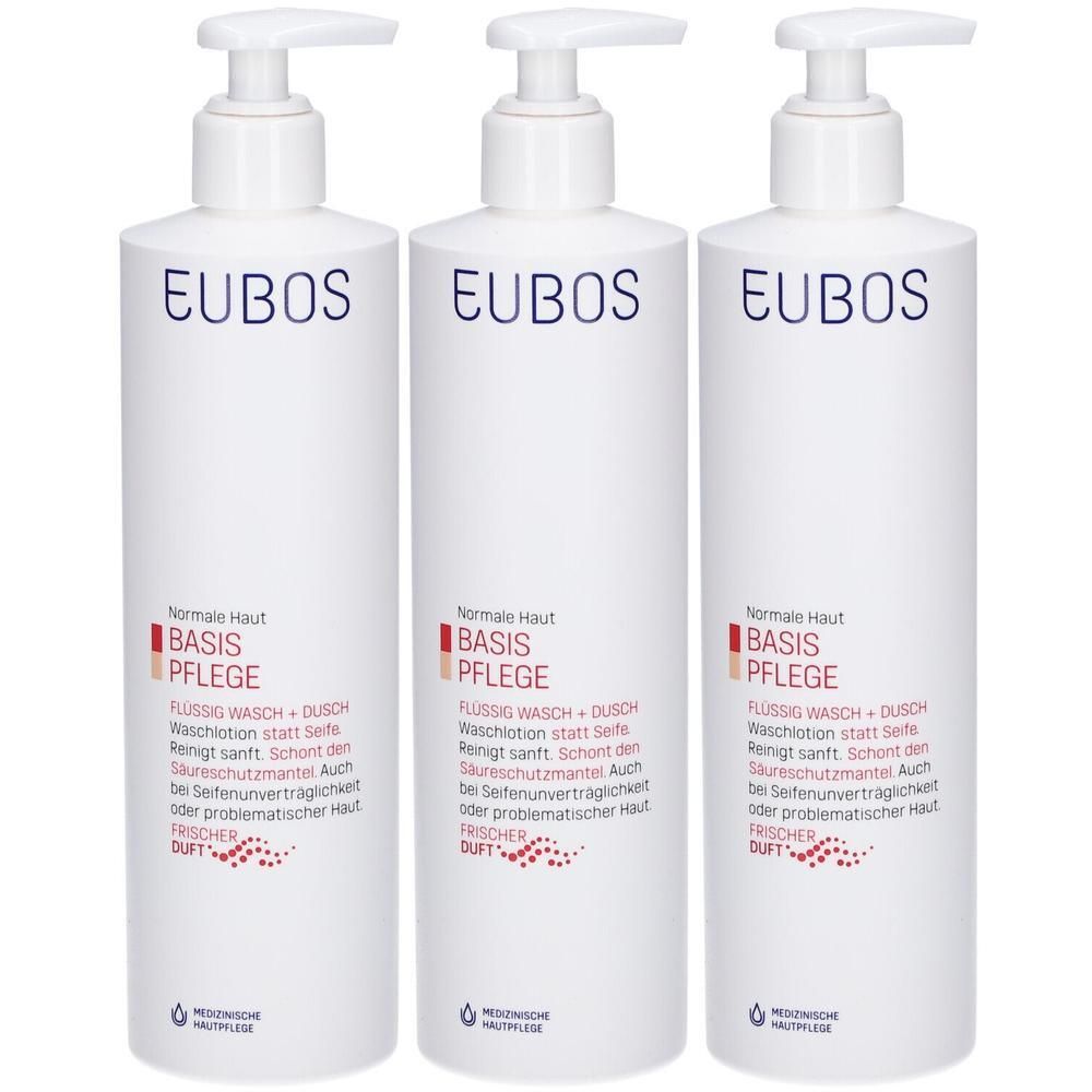 Trois flacons blancs avec pompes. Le mot « EUBOS » est écrit en bleu sur chaque flacon. En dessous, « BASIS PFLEGE » et d'autres textes.