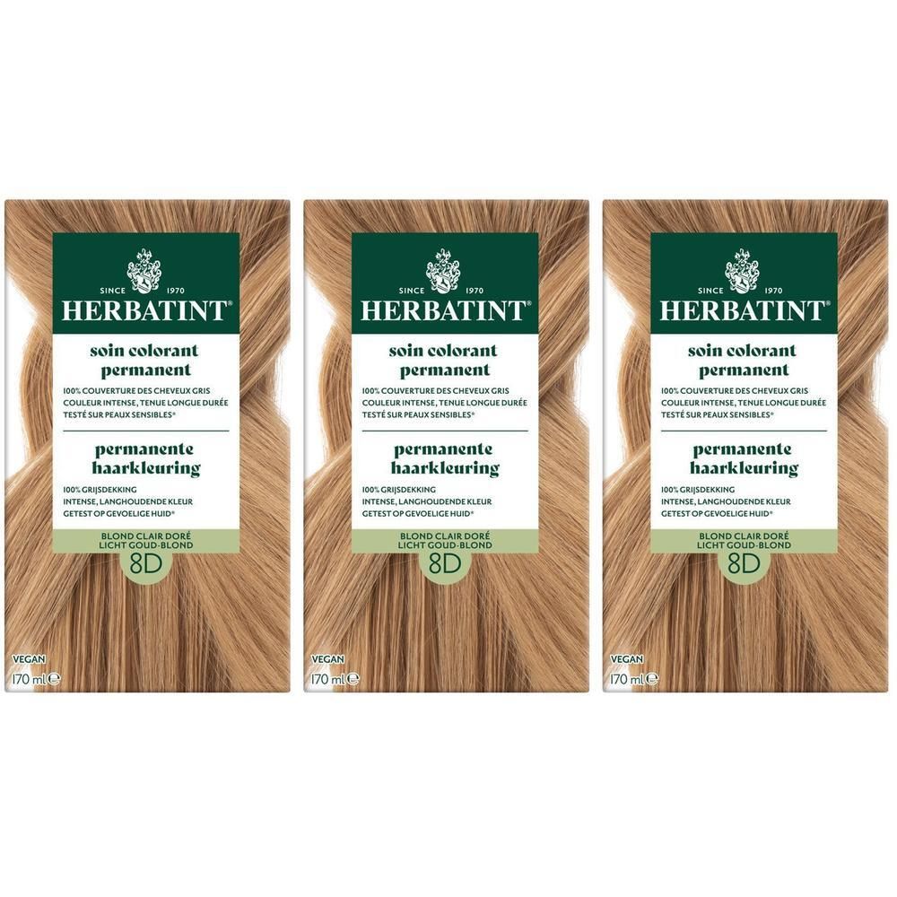 Trois boîtes Herbatint Soin Colorant Permanent 8D Blond Clair Doré. Emballage vert et blanc avec informations.