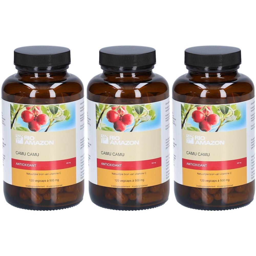 Trois flacons en verre brun avec des couvercles noirs. Étiquettes : "Rio Amazon Camu Camu Antioxidant".
