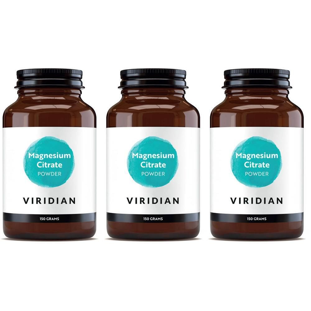 Trois pots en verre brun avec des couvercles noirs. Les étiquettes indiquent "Magnesium Citrate Powder" et "VIRIDIAN".